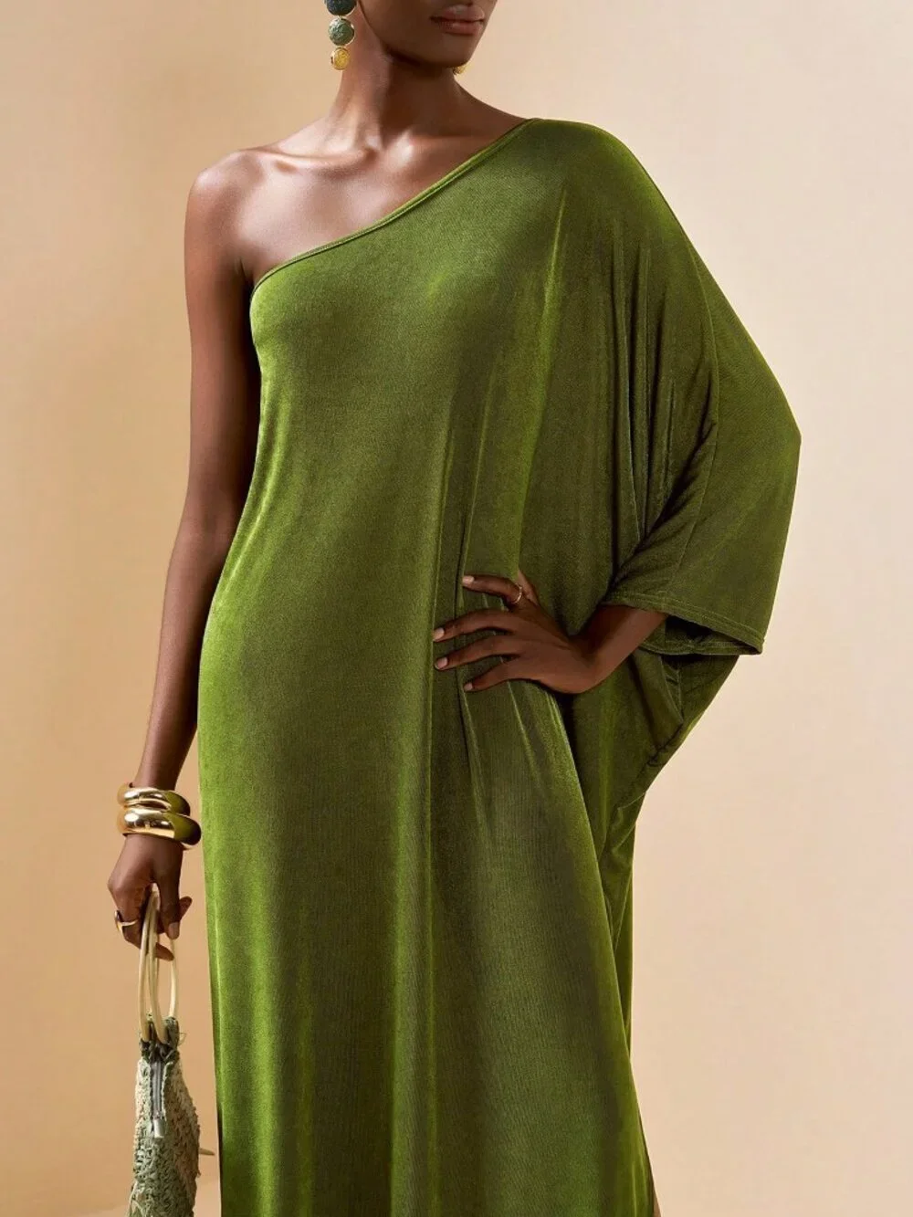 Army Green Elegant Women's One-Shoulder Robe Beach Cover-Up
